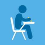 Graphic of a student sitting at a desk and taking a test