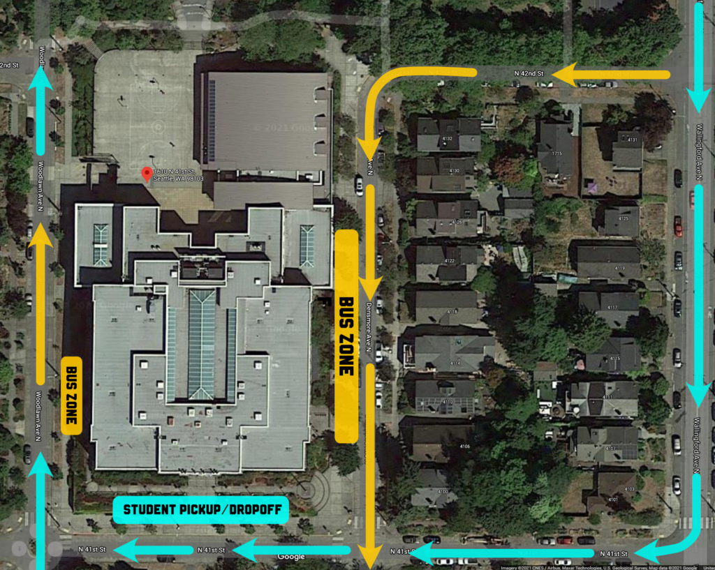 Satellite image of Hamilton Middle School, with graphics outlining preferred traffic flow.