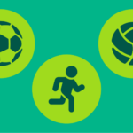 Graphic of spring sports includes a soccer ball, volleyball, and person running in track and field