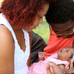 A group of three photos with parents hold their babies