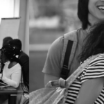 two images. one shows a female student holding a laptop and smiling. the second image shows students smiling and laughing together