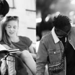 collage of images. students walking up the stairs, students outside reading, students walking outside and listening to music