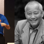 images of alan t. sugiyama. first one shows him speaking to a crowd and wearing a superman t-shirt. second image is him at a protest in 1971 speaking in a bull horn and holding a sign that says quiet asians? hell no! image of him with wife and daughter speaking at a school board campaign event