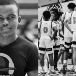 collage of 4 images: student in basketball uniform with head[hones on, student wearing a shark studio t-shirt and smiling at the camera, basketball team in a huddle during a game, basketball player jumping and about to take a shot