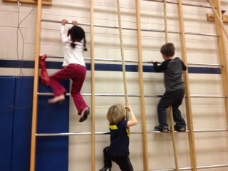 students climbing in gym