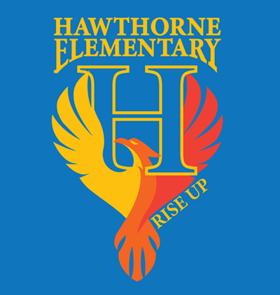 Hawthorne Elementary logo: the letter H and a phoenix rising with the words 'rise up'