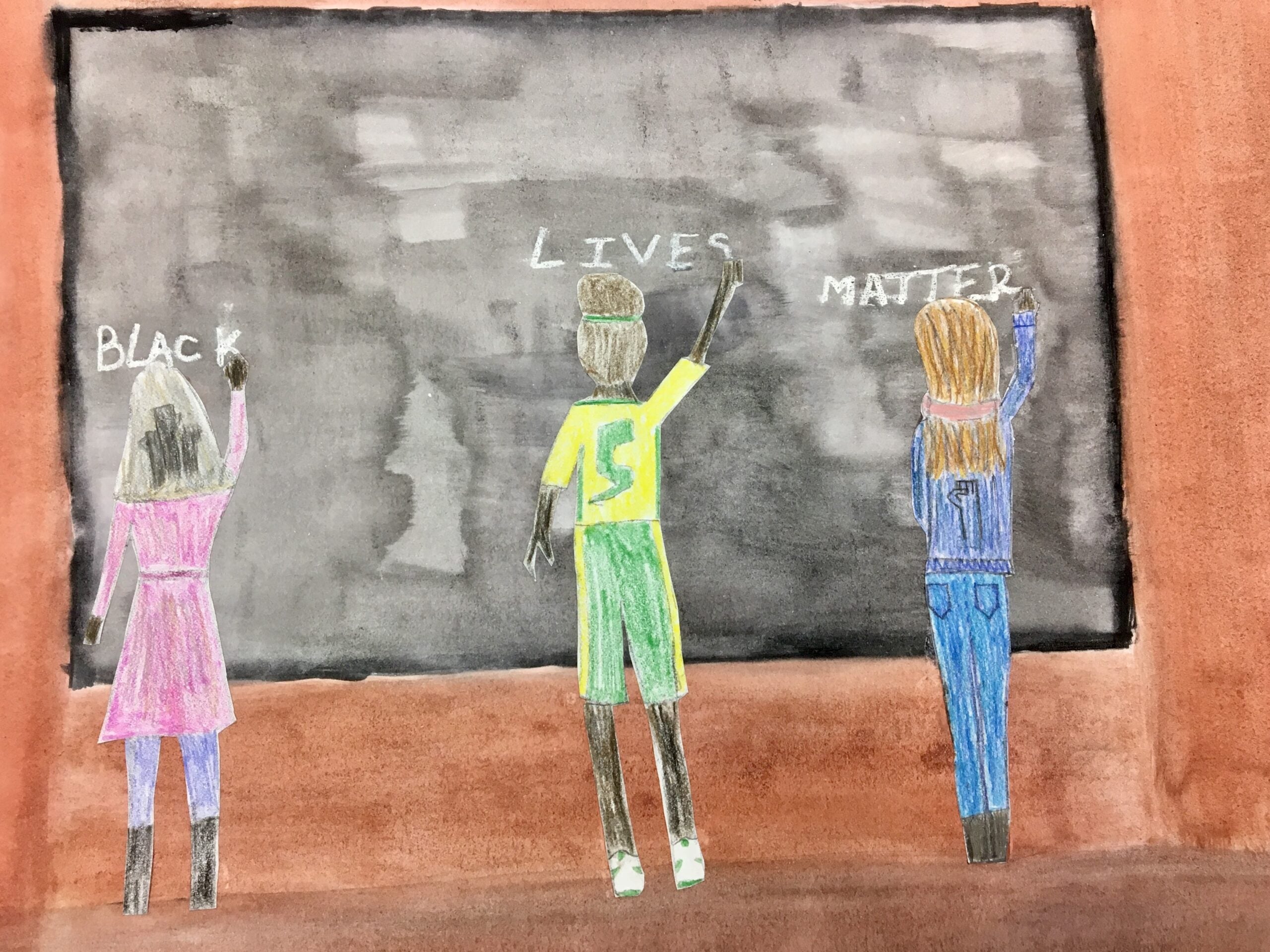 Student artwork depicting students writing Black Lives Matter on a blackboard.