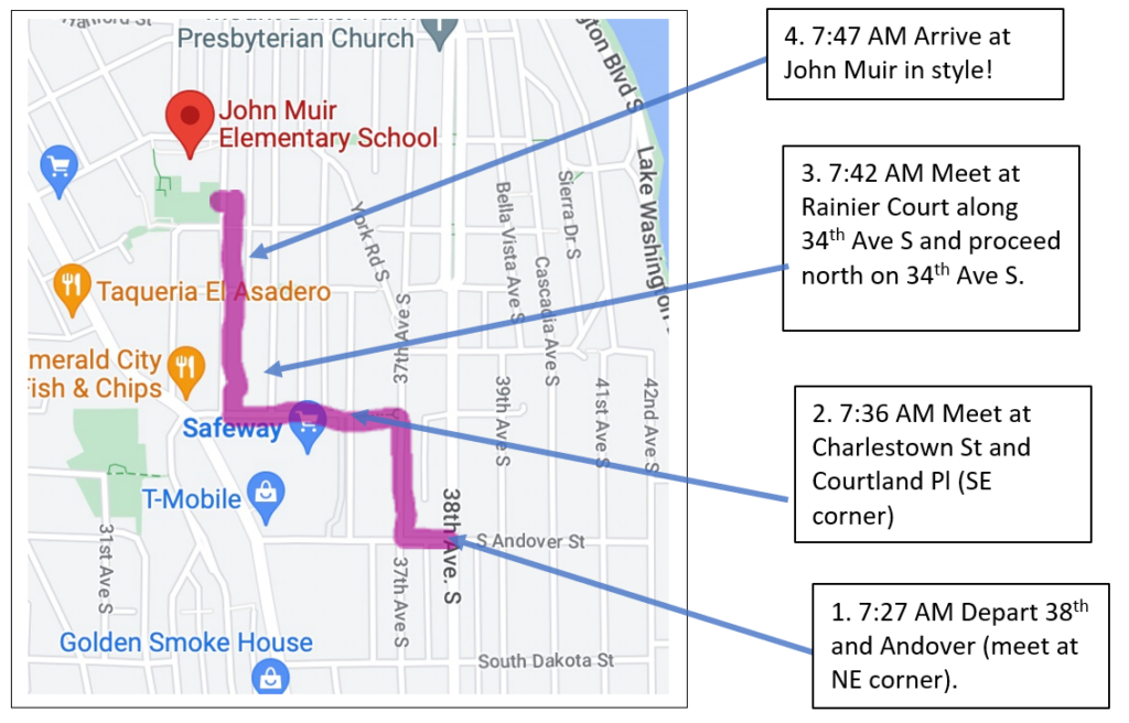 1. 7:27 AM Depart 38th and Andover (meet at NE corner). 

2. 7:36 AM Meet at Charlestown St and Courtland Pl (SE corner)

3. 7:42 AM Meet at Rainier Court along 34th Ave S and proceed north on 34th Ave S. 

4. 7:47 AM Arrive at John Muir in style!