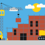Graphic of a school building under construction - a crane is in the background, a cement mixer, excavator, and construction workers wearing hard hats are in the foreground