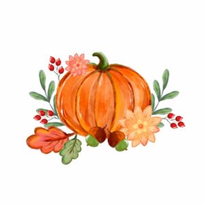Watercolor image of an orange pumpkin, surrounded by autumn leaves and flowers.