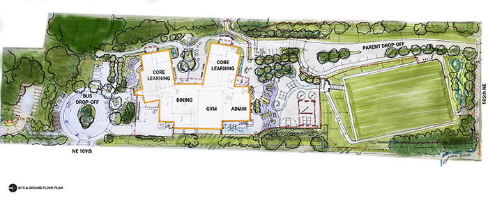 a site plan drawing with a school footprint and a field