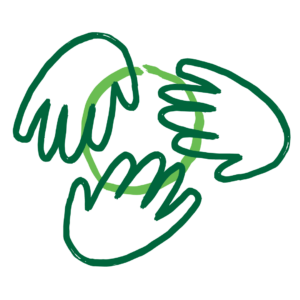 The green outline of three hands form a circle, highlighted in lighter green