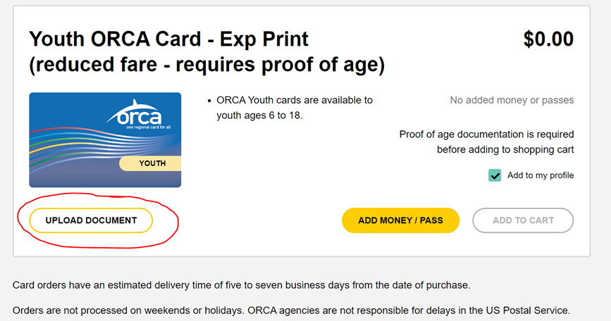 screen shot of My Orca how to upload a document for proof of age