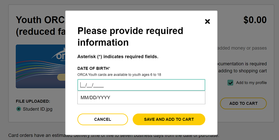 screen shot of My Orca please provide required info date of birth and save and add to cart