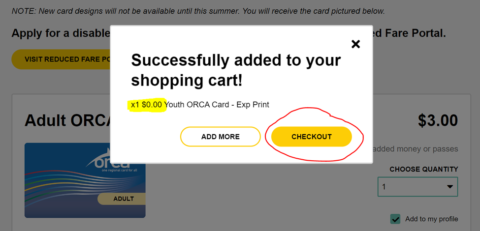 screen shot of My Orca confirmation of successfully adding to a cart