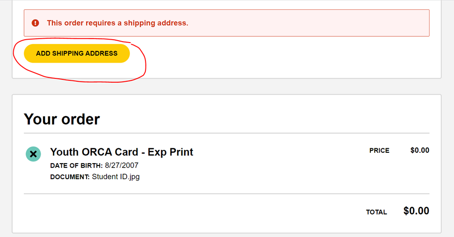 screen shot of My Orca adding a shipping address