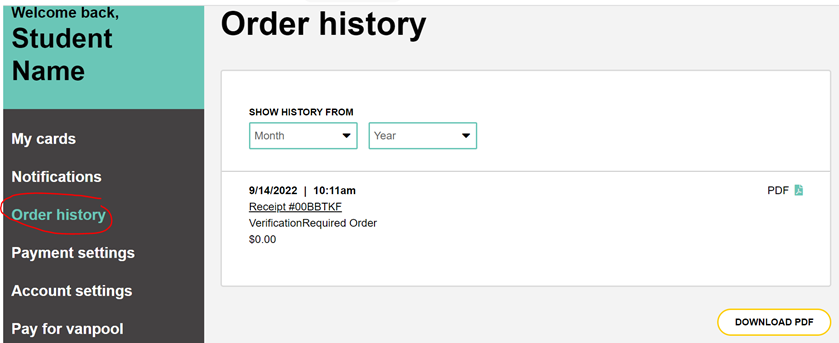 screen shot of My Orca order history which can be downloaded