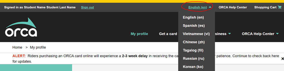 screen shot ofthe My Orca page and how to change the language