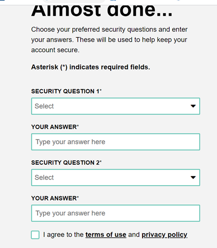 screen shot of My Orca choosing your security questions