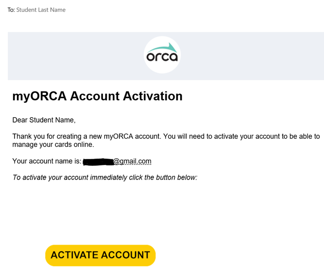 screen shot of My Orca Account Activiation email