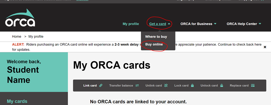 screen shot of My Orca how to buy a card online
