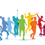 silhouette of children playing sports in a rainbow of colors