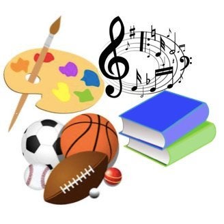 Image of paint, music, sports balls, and library books