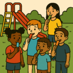 Clipart illustration of a diverse group of children and teens of various ages enjoying colorful frozen Pops together on a playground. The scene includes slides, swings, and cheerful expressions.