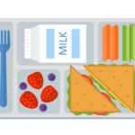 School lunch with a sandwich, fresh berries, vegetables and milk.