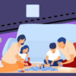 Illustration of people sitting on the floor in front of a couch, playing a board game together. There are four people gathered around the game, with a potted plant on the left and a purple background.