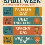 colorful Spirit Week flyer for Licton Springs K-8. At the top is the school logo featuring a stylized bird design with the text “Licton Springs K-8.” Below, the title reads “Spirit Week – Show Your School Spirit!” in bold letters with confetti decorations. The flyer lists themed days in horizontal blocks with bright colors and matching illustrations: 12/15 Mon: Pajama Day with an image of pajama pants. 12/16 Tue: Ugly Sweater Day with an image of a festive sweater. 12/17 Wed: Wacky Day with an image of a child wearing mismatched clothes. 12/18 Thurs: Wild Hair Day with an image of a person with colorful spiky hair. 12/19 Fri: Backward Day with an image of a person wearing a shirt backward.