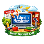 Colorful clip art of a laptop displaying “School Newsletter,” surrounded by a calendar, megaphone, microphone on a stage, books, apple, and sun, labeled “Licton Springs K-8.”