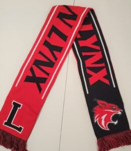 Black and red soccer scarf with the words lincoln lynx on each side alternate colors