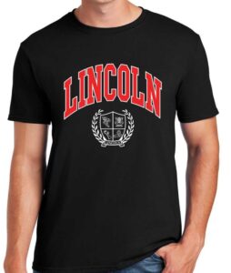 Black t-shirt with LINCOLN in red letters and the Lincoln crest