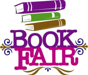 graphic of a pile of books on top of text saying book fair