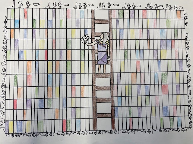Color pencil of a person on a ladder in the library