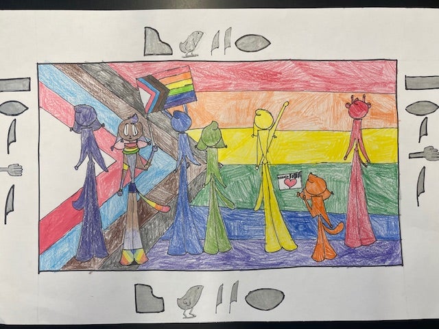 Color pencil drawing of people in front of a pride flag with contempory tomb drawings