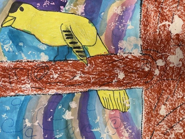 Students learned science facts about our Washington State bird. Then, using mixed mediums (Sharpie, water color, oil pastels and mono-printmaking) they made their own bird scenes.