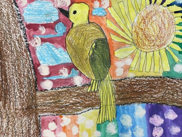 Students learned science facts about our Washington State bird. Then, using mixed mediums (Sharpie, water color, oil pastels and mono-printmaking) they made their own bird scenes.