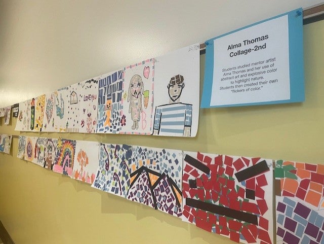 Hallway view of many
Students studied mentor artist Alma Thomas and her use of abstract art and explosive color to highlight nature. Students then created their own “flickers of color.”