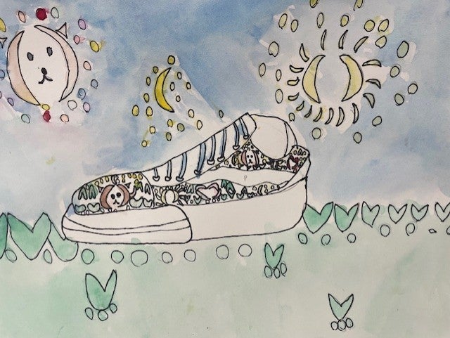 Students learned about contemporary Coast Salish art by studying visual artist and activist Louie Gong. They then utilized trigons, ovoids, crescents and u-shapes to design their own sneakers.