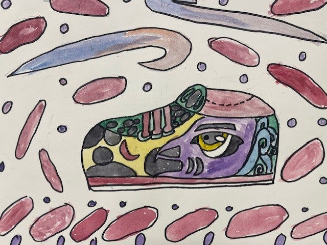 Students learned about contemporary Coast Salish art by studying visual artist and activist Louie Gong. They then utilized trigons, ovoids, crescents and u-shapes to design their own sneakers.