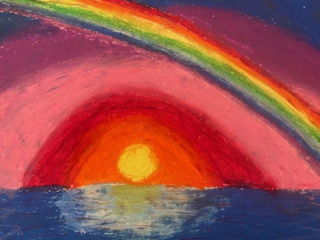 Students learned about creating depth through foreground, middle ground and background and overlapping shapes.