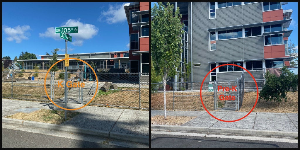 View of kindergarten and Pre-K gates from SW 105th St.