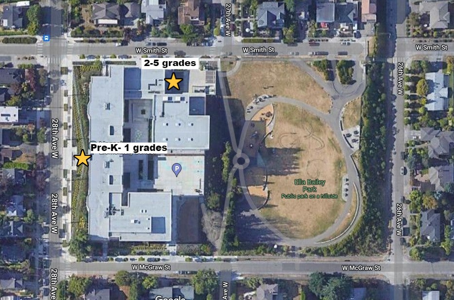 Aerial map of Magnolia Elementary. Main entrance is marked with a star and text that reads "Pre-k -1grades". The loading dock entrance is also marked with a star and text that reads "2-5 grades". 
