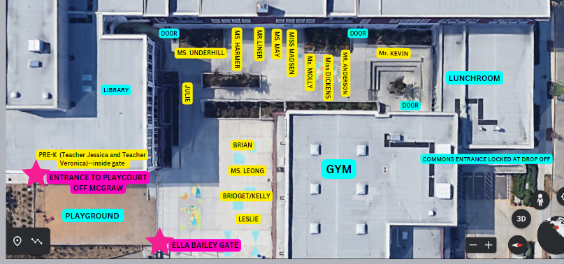 Aerial view of MES. Areas of building labeled in blue. Entrances to courtyard labeled in pink. Class line locations labeled in yellow. 