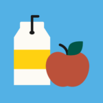 Graphic for school meals with a milk carton or juice box and a red apple