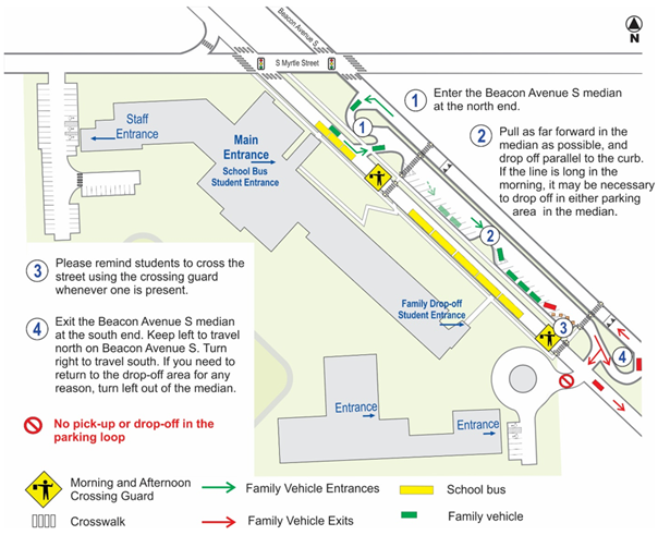 Map of van asselt building and parking lot. Includes instructions for dropping off and picking up Mercer students. See text on page for details.