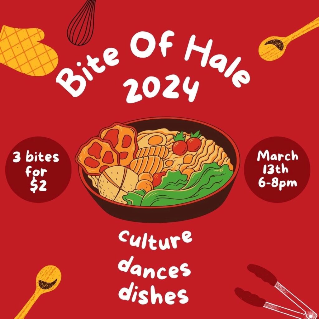 White text on red background: Bite of Hale 2024. Culture Dances Dishes. 3 bites for $2. March 13th 6-8pm.  Includes graphic art of oven mitt, wood spoons, tongs, wire whisk, and in the center a bowl of food including cherry tomatoes, egg, greens, meat.