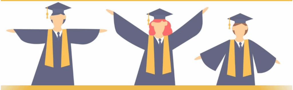 Graduates in cap and gown with arms out.